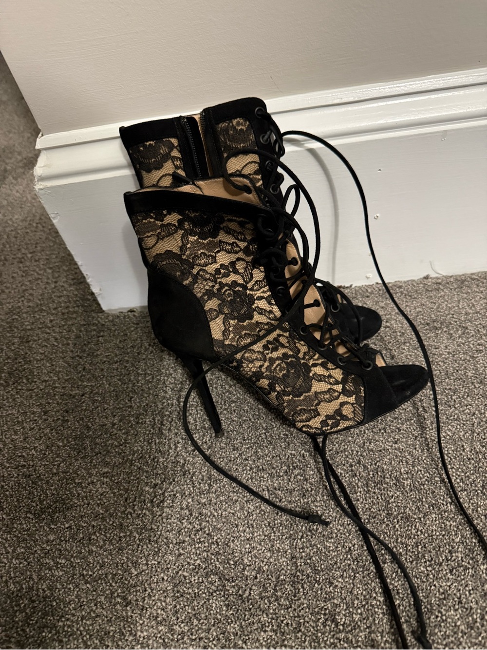Giuseppe Zanotti Black Lace and Nude Mesh Lace-Up Stiletto Booties